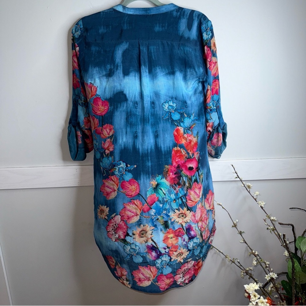 Tolani Blue Floral Silk Button Down Shirt with Mandarin Collar - Picture 8 of 9